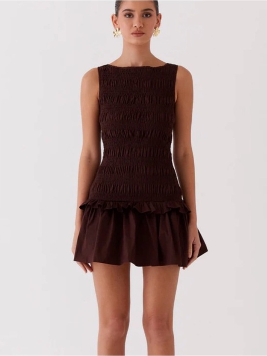 Peppermayo Dresses & Skirts - Peppermayo Brown Mini Dress with Ruffle Hem